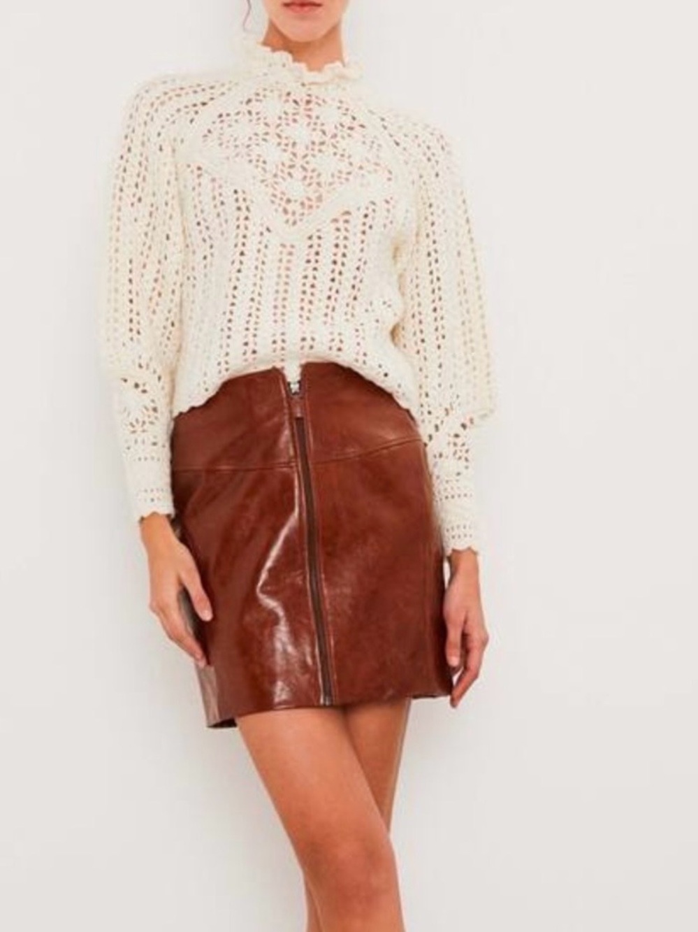 ba&sh Brown Leather Front-Zip Mini Skirt